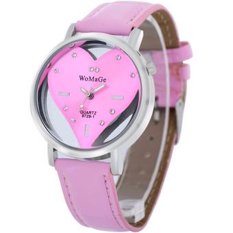 WoMaGe Fashion Casual Women Leather Strap Quartz Hollow Peach Heart Round Watch 9729(Pink) (Intl)  