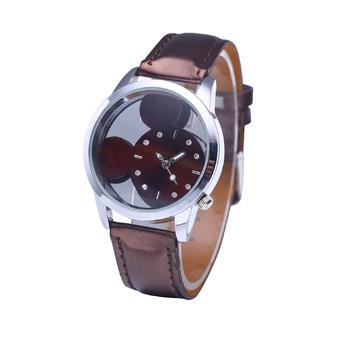 Womage 9687 Hot Cheap Cartoon Mouse Hollow Dial Steel Quartz Watch Leather Watchband (Brown)  