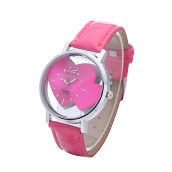Womage Double Heart Leather Belt Quartz Watch Ladies Exquisite Hollow Dial Watch(rose red)  