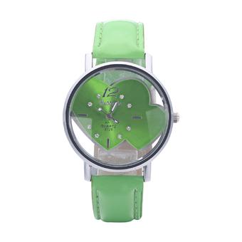 Womage Double Heart Leather Belt Quartz Watch Ladies Exquisite Hollow Dial Watch(green)  