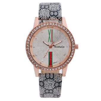Womage Hot Sale Luxury Women Grey Leather Strap Quartz Diamond Round Watch (Intl)  