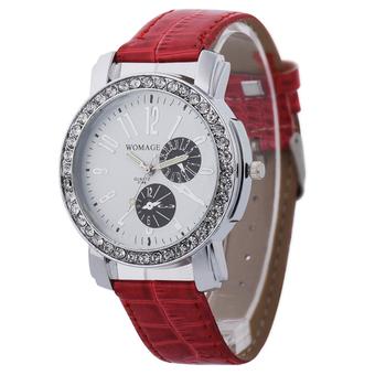 Womage New Luxury Women White Leather Strap Roman Number Quartz Diamond Watch(Red) (Intl)  