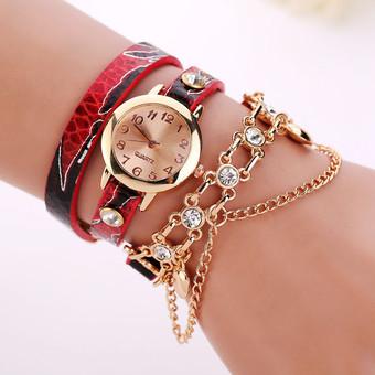 Woman Leather Rhinestone Rivet Chain Quartz Bracelet Wristwatch Red (Intl)  