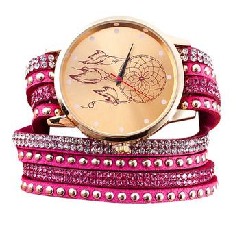 Women Crystal Rivet Bracelet Quartz Braided Winding Wrap Wrist Watch Hot Pink(Intl)  