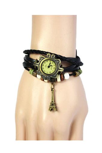 Women Eiffel Tower Leather Weave Bracelet Wrist Watch - Black  