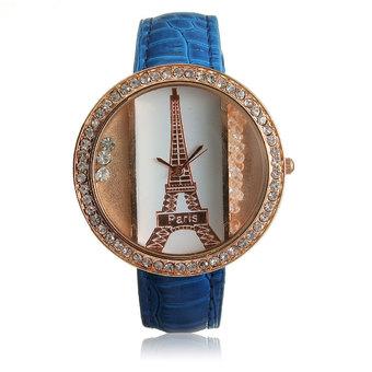 Women Eiffel Tower Rhinestone Blue PU Leather Wrist Watch  