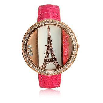 Women Eiffel Tower Rhinestone rose PU Leather Wrist Watch  