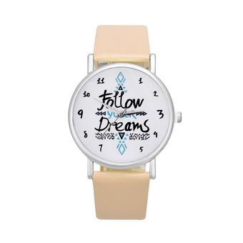 Women Follow Dreams Words Pattern Leather Watch (Beige)  