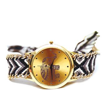 Women Ladies Elephant Pattern Weaved Rope Band Bracelet Quartz Dial Wrist Watch Colorful Black  