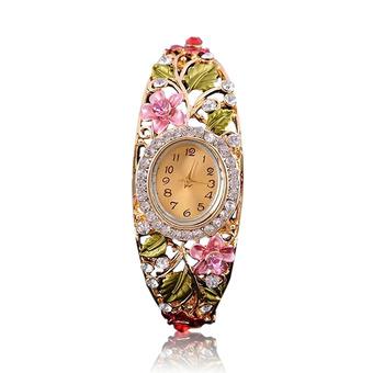 Women Ladies Retro Flower Metal Rhinestone Bracelet Wrist Quartz Watch Red (Intl)  