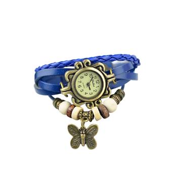 Women Ladies Retro Handmade Weave Around PU Leather Bracelet Wrist Quartz Watch with Butterfly Pendant Accessories Blue (Intl)  
