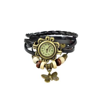 Women Ladies Retro Handmade Weave Around PU Leather Bracelet Wrist Quartz Watch with Butterfly Pendant Accessories Black (Intl)  