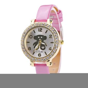 Women Leather Band Bear Pattern Cartoon Quartz Wristwatch Pink (Intl)  