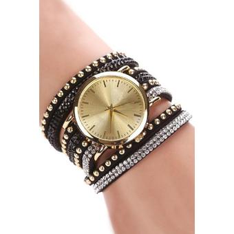 Women Rhinestone Crystal Rivet Bracelet Quartz Braided Winding Wrap Wrist Watch Black  