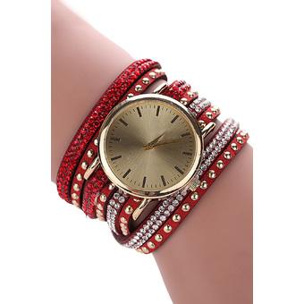 Women Rhinestone Crystal Rivet Bracelet Quartz Braided Winding Wrap Wrist Watch Red  