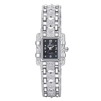 Women Square Dial Silver Steel Bracelet Rhinestone Quartz Watch Black (Intl)  