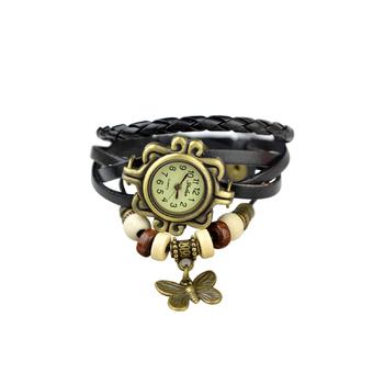 Women's Weave Around Leather Bracelet Wrist Quartz Watch Black (Intl)  