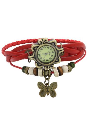 Womens Artificial Leather Bracelet Butterfly Quartz Wrist Watch Red  