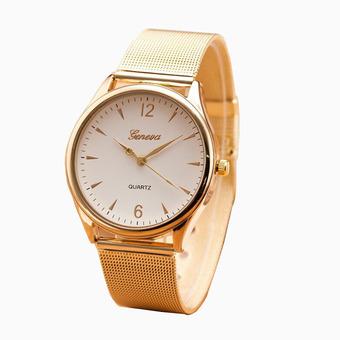 Womens Classic Gold Geneva Quartz Stainless Steel Wrist Watch White  