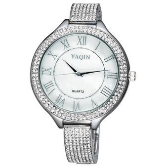 YAQIN Brand Rhinestone Bracelet Band Watch For Women Colorfull Shell Dial Gold Rose Luxury Roman Number Quartz Dress Watch--Silver White  