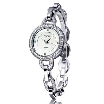 YAQIN Brand Watches Bracelet Dress Watch Women Casual Quartz Rhinestone Wristwatches- Silver White  