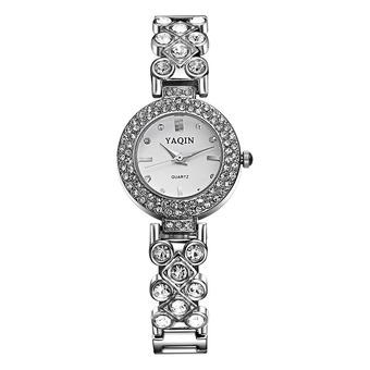 YAQIN Fashion Crystal Rhinestone Diamond Watch Silver Bracelet Dress Ladies Stylish Women Watches Hours Quartz Wristwatches--Silver White  