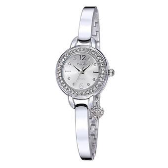 YAQIN New Brand Women Fashion Luxury Wristwatches Ladies Bracelet Quartz Watches Rhinestone Heart Pendant Relogio feminino?Silver White  