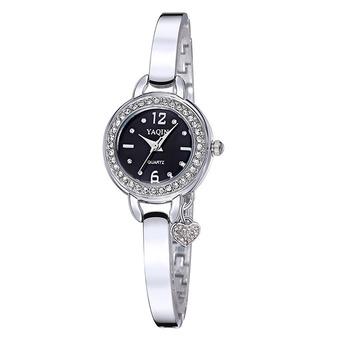 YAQIN New Brand Women Fashion Luxury Wristwatches Ladies Bracelet Quartz Watches Rhinestone Heart Pendant Relogio feminino?Silver Black  