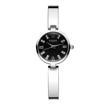 YAQIN Rhinestone Roman Number Small Simple Round Dial Women Quartz Watch with Alloy Band (Silver)  