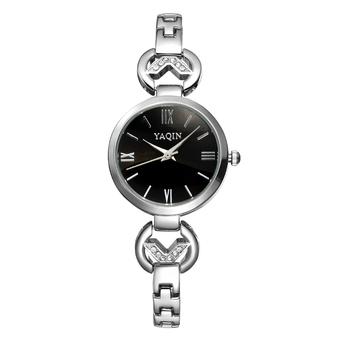 YAQIN Top Luxury Rhinestone Band Gold Watch For Women Roman Number Display Bracelet Wirst Quartz Watches Relogio Feminino saat---Silver Black  