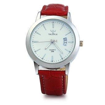 Yazole 296 Date Display Quartz Watch Leather Band for Men WHITE RED (Intl)  