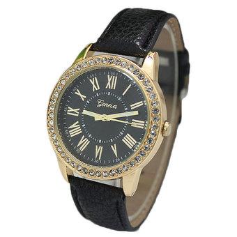 Yika Ladies Women Girl Geneva Leatherwear Quartz Golden Crystal Stone Rome Wrist Watch (Black) (Intl)  