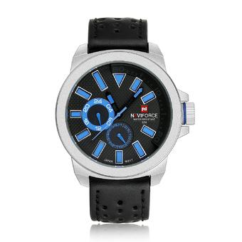 Yika Leather Strap Sport Analog Quartz Wrist Auto Date Watch (Silver+Blue) (Intl)  
