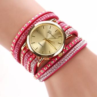 Yika New Fashion Rhinestone Rivet Circle Belt Synthetic Leather Bracelet Watch Wrist Watch(RoseRed) (Intl)  