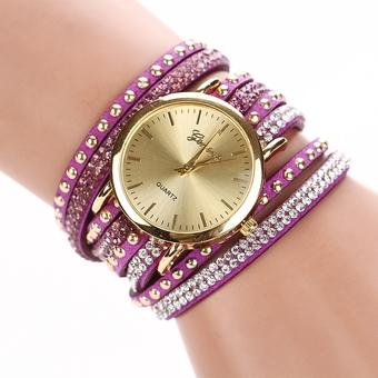 Yika New Fashion Rhinestone Rivet Circle Belt Synthetic Leather Bracelet Watch Wrist Watch(Purple) (Intl)  