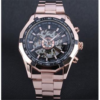 Yika Winner Mens women Skeleton Rose Gold Stainless Steel Automatic Mechanical Wrist Watch (Black) (Intl)  