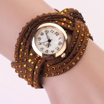 Yika Women Vintage Round Dial Rhinestone Weave Wrap Synthetic Leather Bracelet Wrist Watch Watches(Coffee) (Intl)  