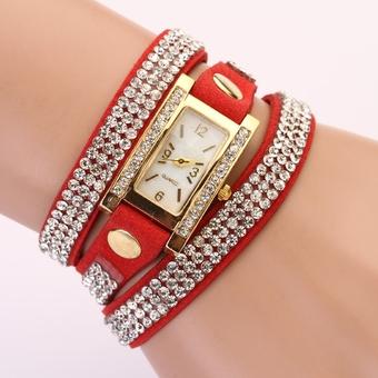 Yika Women's Vintage Square Dial Rhinestone Weave Wrap Multilayer Leather Bracelet Wrist Watch Watches(Red) (Intl)  