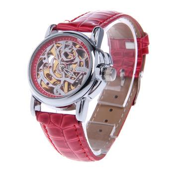 ZUNCLE Rose Pattern Artificial Leather Band Mechanical Analog Skeleton Wrist Watch(Red)  
